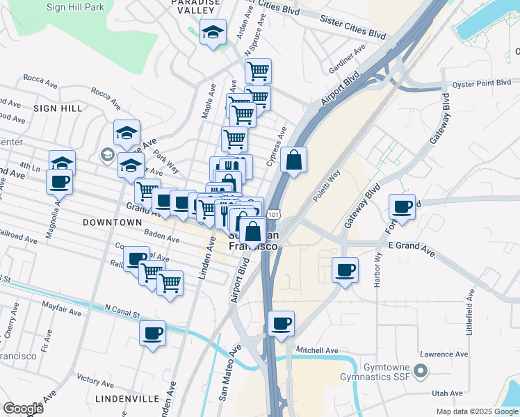 map of restaurants, bars, coffee shops, grocery stores, and more near 400 Cypress Avenue in South San Francisco