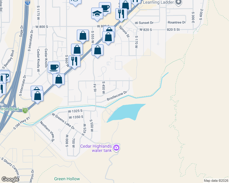 map of restaurants, bars, coffee shops, grocery stores, and more near 326 Bristlecone Drive in Cedar City