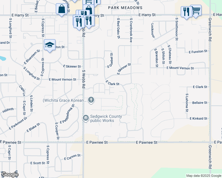 map of restaurants, bars, coffee shops, grocery stores, and more near Unnamed Road in Wichita