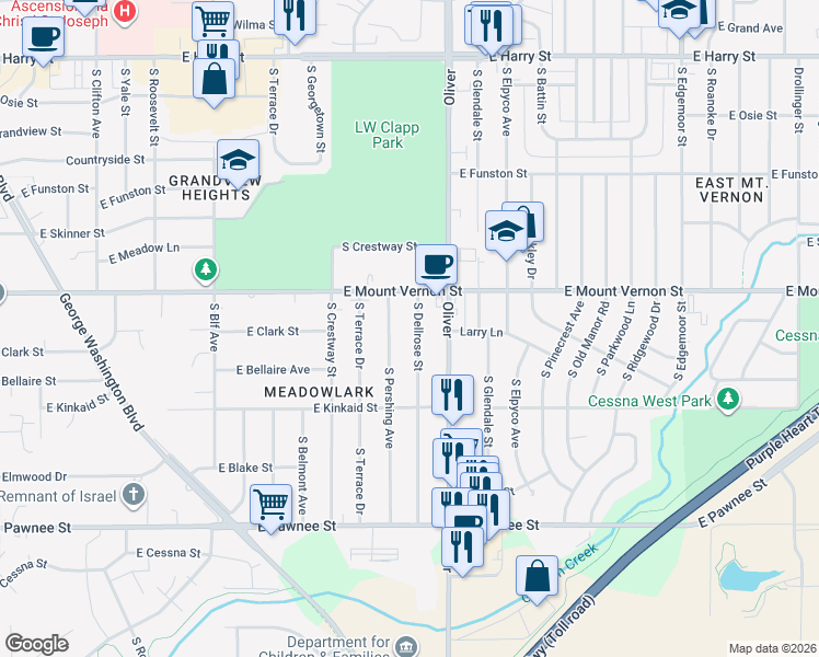 map of restaurants, bars, coffee shops, grocery stores, and more near 2038 S Pershing St in Wichita