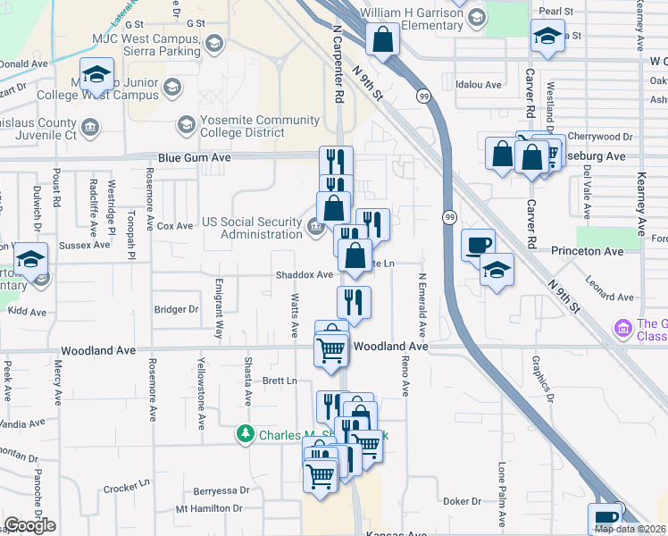 map of restaurants, bars, coffee shops, grocery stores, and more near 1616 Shaddox Avenue in Modesto