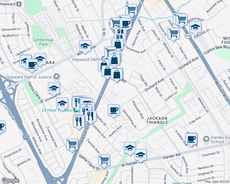 map of restaurants, bars, coffee shops, grocery stores, and more near 90 Middleton Place in Hayward