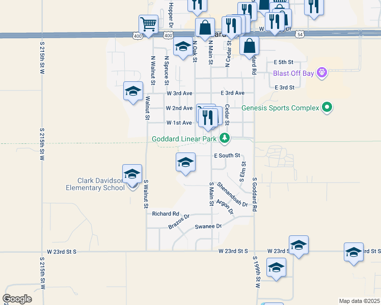 map of restaurants, bars, coffee shops, grocery stores, and more near 132 West South Street in Goddard