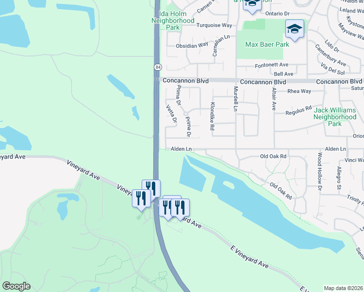 map of restaurants, bars, coffee shops, grocery stores, and more near 126 Alden Lane in Livermore