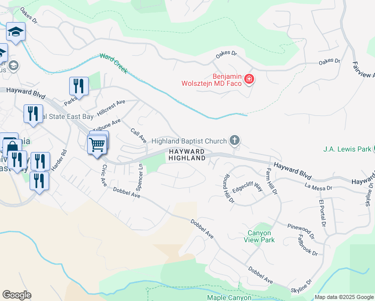 map of restaurants, bars, coffee shops, grocery stores, and more near Hayward Boulevard in Hayward