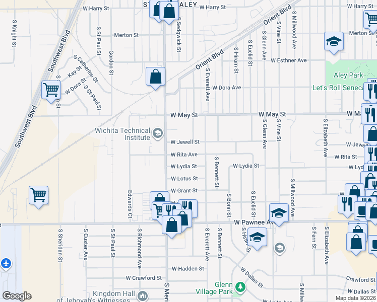 map of restaurants, bars, coffee shops, grocery stores, and more near 2327 West Rita Avenue in Wichita