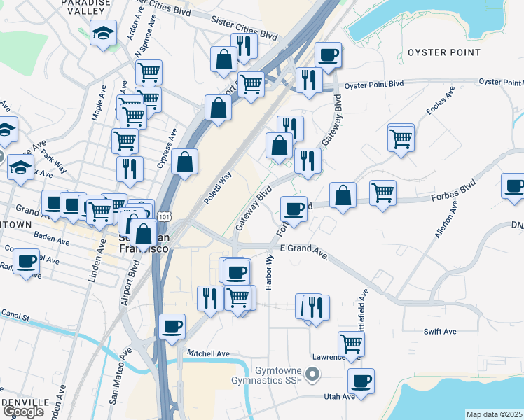 map of restaurants, bars, coffee shops, grocery stores, and more near 30C Corporate Drive in South San Francisco