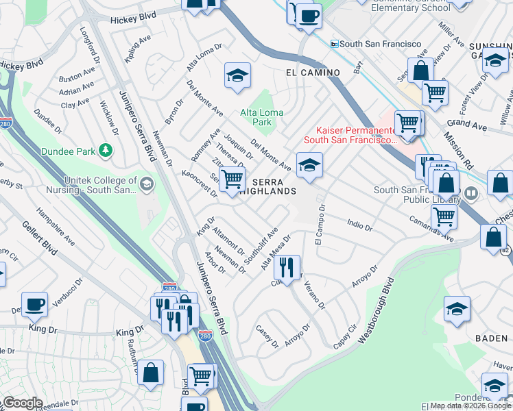 map of restaurants, bars, coffee shops, grocery stores, and more near 363 Serra Drive in South San Francisco