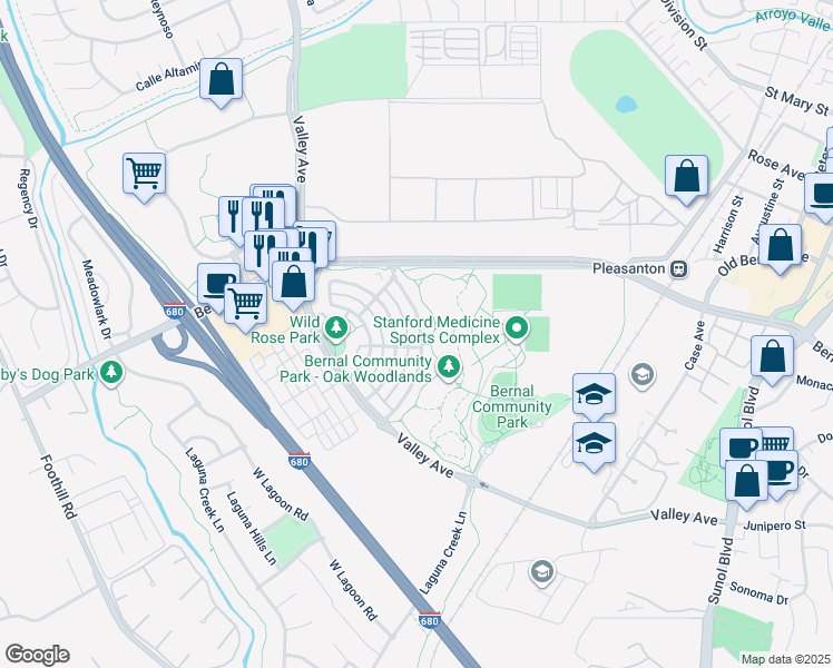 map of restaurants, bars, coffee shops, grocery stores, and more near 1440 Oak Vista Way in Pleasanton