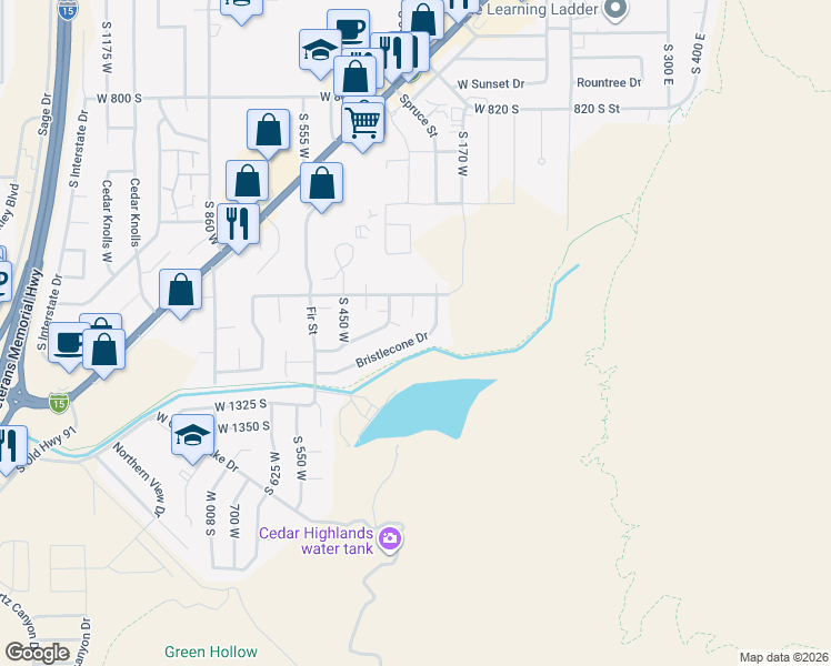 map of restaurants, bars, coffee shops, grocery stores, and more near 282 Bristlecone Drive in Cedar City