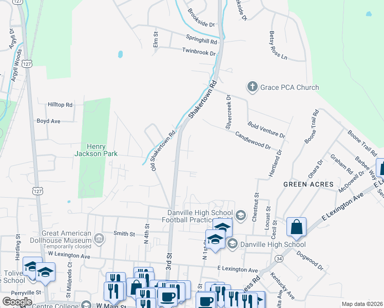 map of restaurants, bars, coffee shops, grocery stores, and more near 108 Saint Joseph Court in Danville