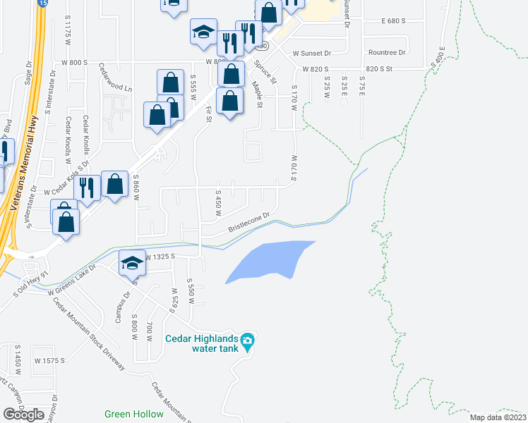 map of restaurants, bars, coffee shops, grocery stores, and more near 282 Bristlecone Drive in Cedar City
