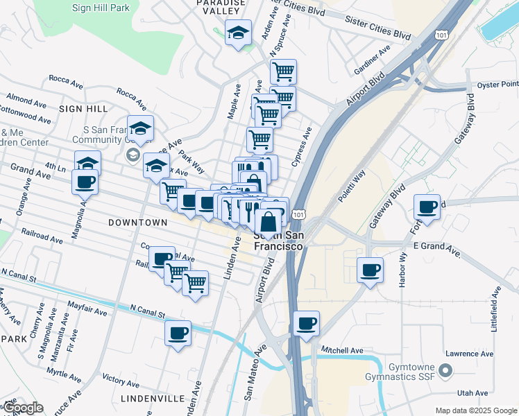 map of restaurants, bars, coffee shops, grocery stores, and more near 216 Miller Avenue in South San Francisco