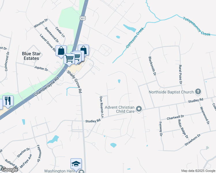 map of restaurants, bars, coffee shops, grocery stores, and more near 9216 Rodeo Drive in Mechanicsville