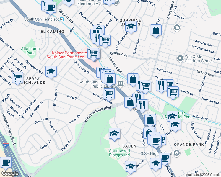 map of restaurants, bars, coffee shops, grocery stores, and more near 106 Alta Loma Drive in South San Francisco