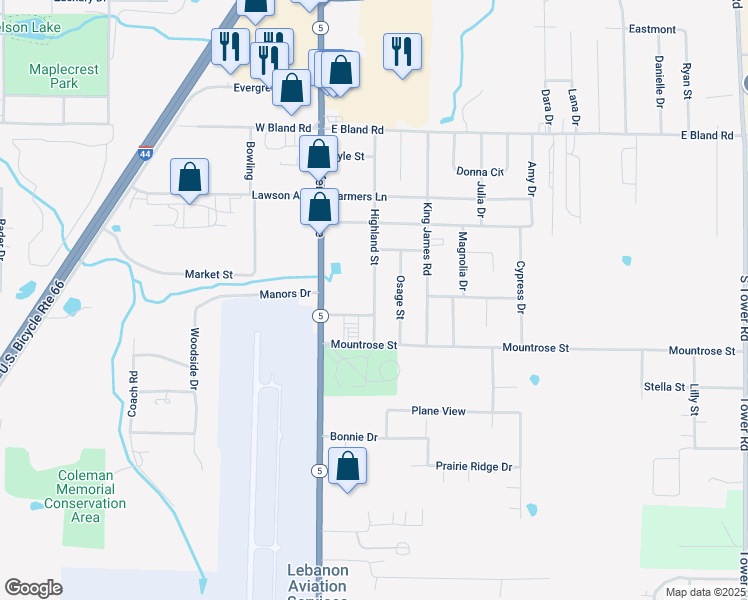 map of restaurants, bars, coffee shops, grocery stores, and more near 2059 Highland Street in Lebanon