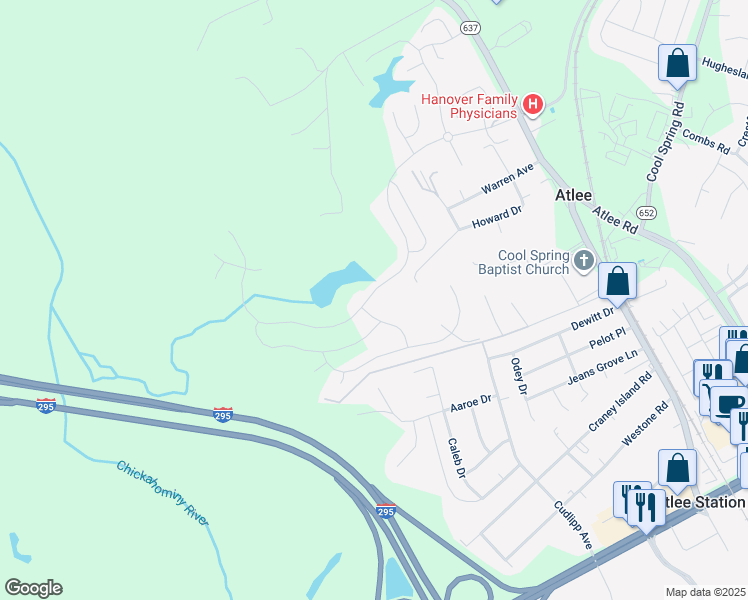 map of restaurants, bars, coffee shops, grocery stores, and more near 9128 Hunters Crest Lane in Mechanicsville