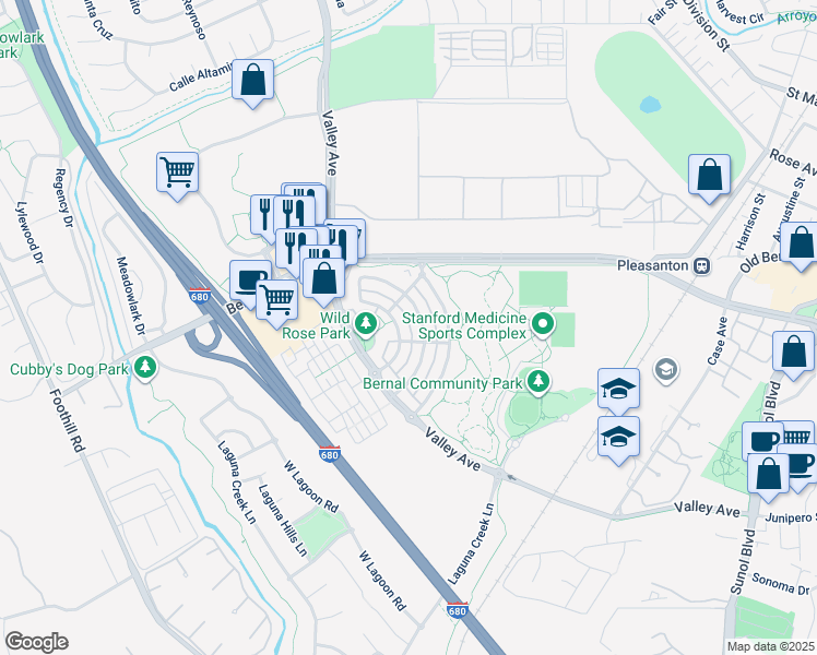 map of restaurants, bars, coffee shops, grocery stores, and more near 1574 East Gate Way in Pleasanton