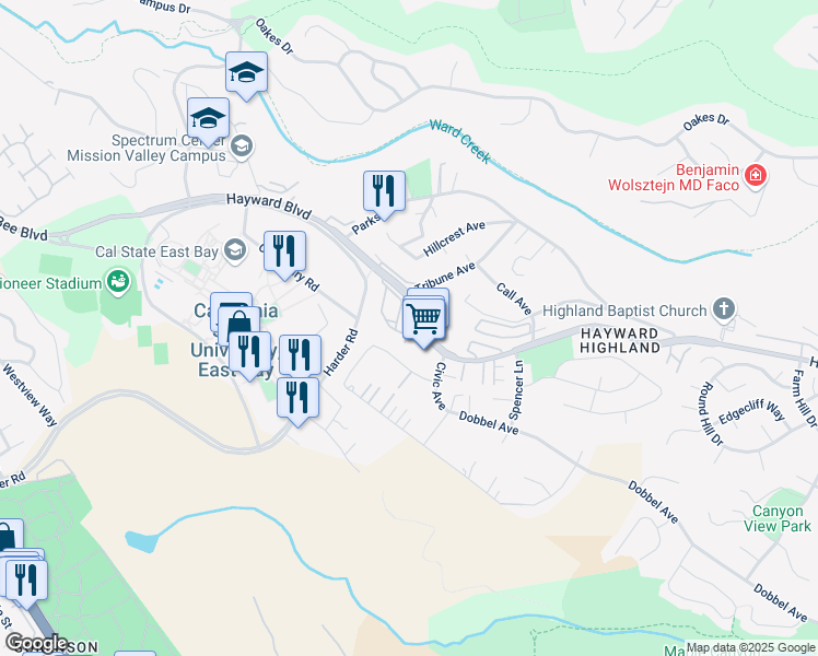 map of restaurants, bars, coffee shops, grocery stores, and more near 2487 Creekside Court in Hayward