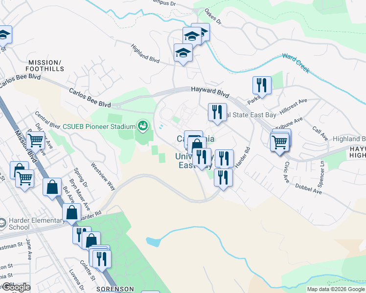 map of restaurants, bars, coffee shops, grocery stores, and more near in Hayward