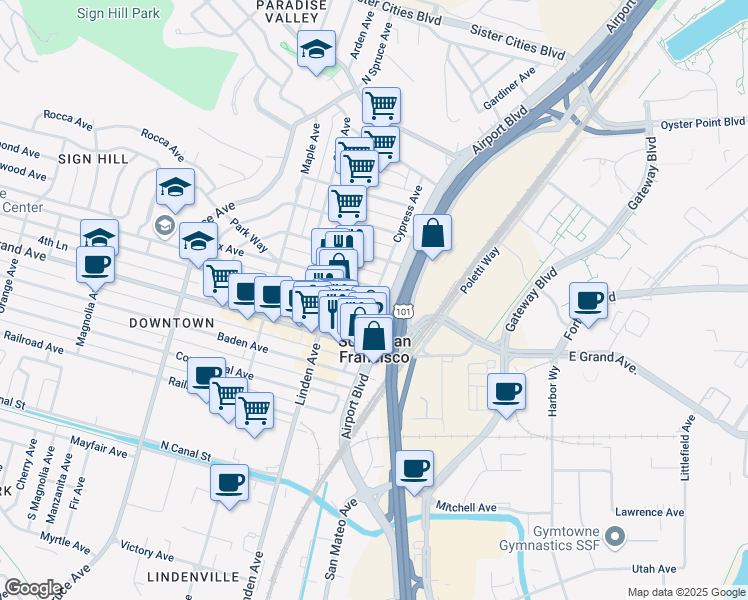 map of restaurants, bars, coffee shops, grocery stores, and more near 411 Airport Boulevard in South San Francisco