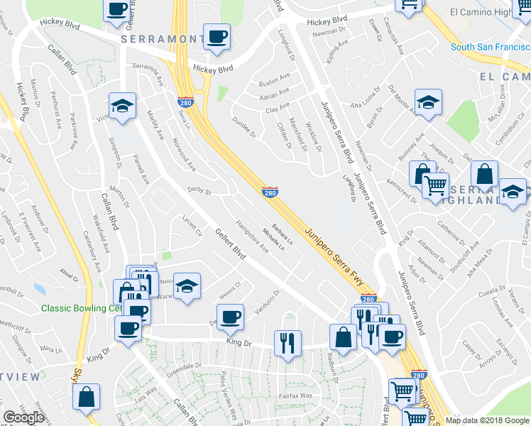 map of restaurants, bars, coffee shops, grocery stores, and more near 353 Barbara Lane in Daly City
