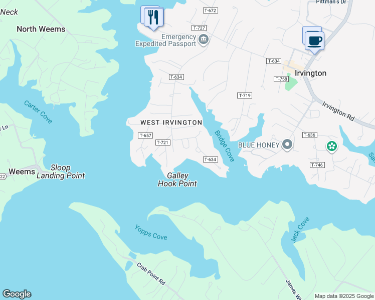 map of restaurants, bars, coffee shops, grocery stores, and more near 1172 King Carter Drive in Irvington