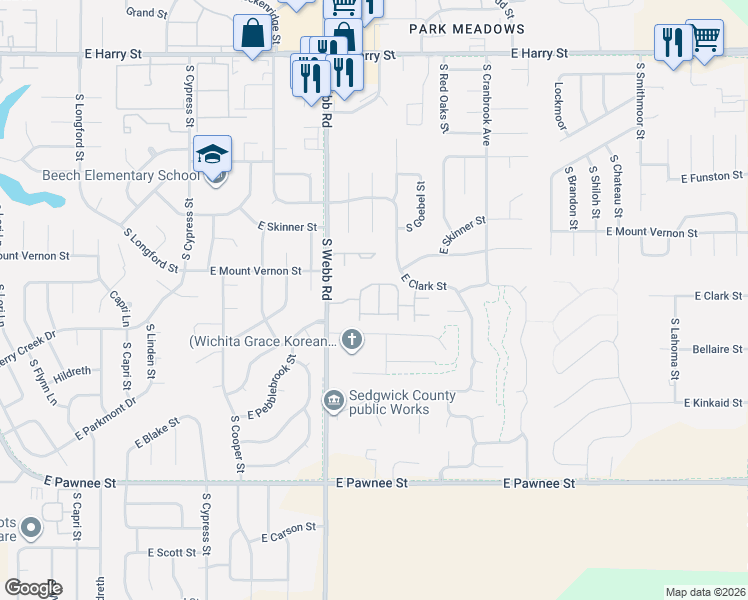 map of restaurants, bars, coffee shops, grocery stores, and more near 2020 South Webb Road in Wichita