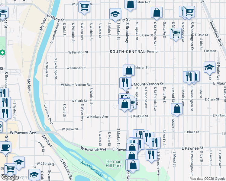 map of restaurants, bars, coffee shops, grocery stores, and more near 2034 South Main Street in Wichita