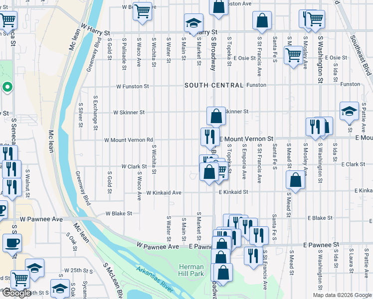 map of restaurants, bars, coffee shops, grocery stores, and more near 2034 South Main Street in Wichita