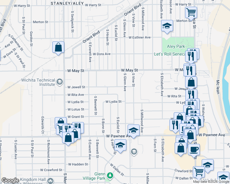 map of restaurants, bars, coffee shops, grocery stores, and more near 2124 South Euclid Street in Wichita