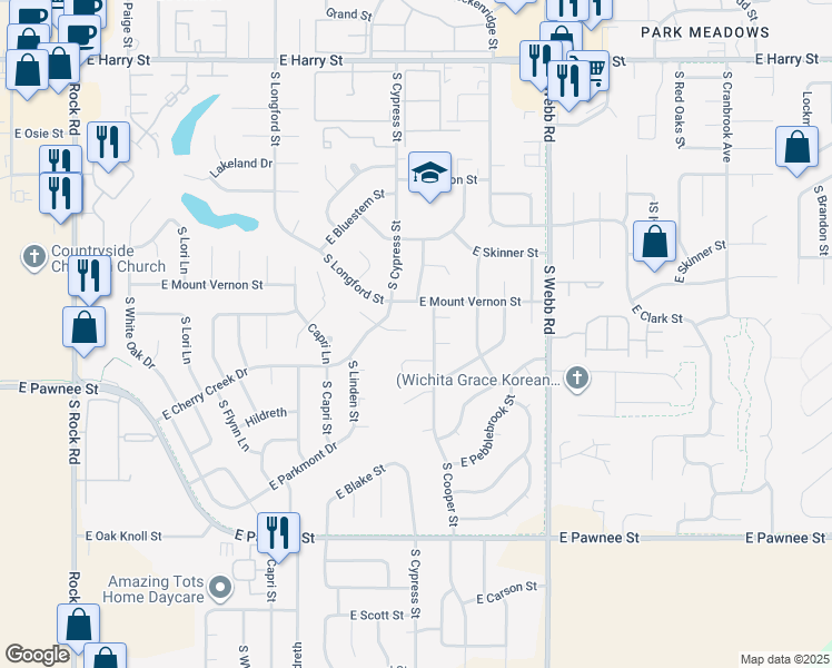 map of restaurants, bars, coffee shops, grocery stores, and more near 2046 South Cypress Court in Wichita