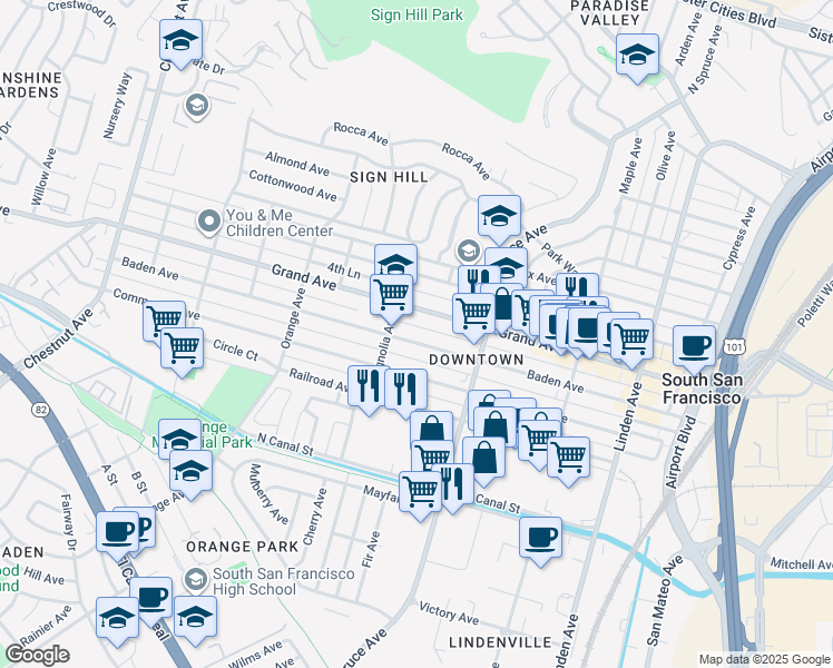 map of restaurants, bars, coffee shops, grocery stores, and more near 560 Baden Ave in South San Francisco