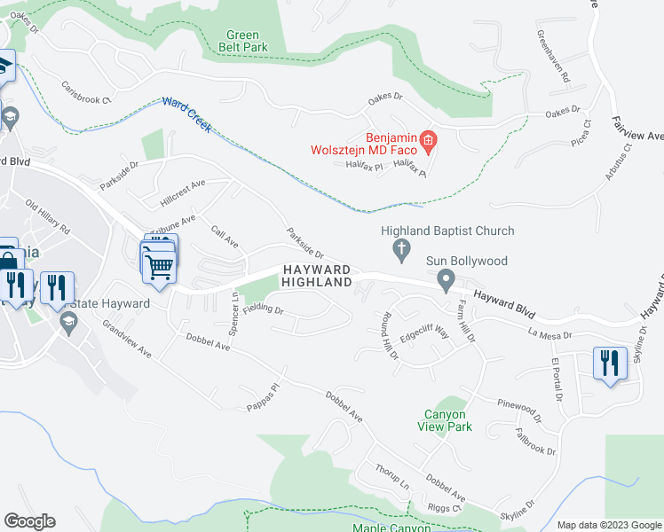 map of restaurants, bars, coffee shops, grocery stores, and more near 27269 Parkside Drive in Hayward