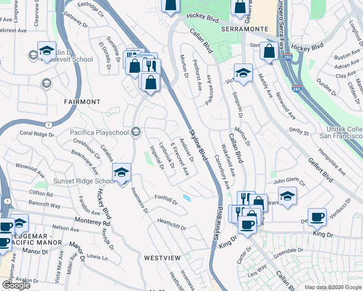 map of restaurants, bars, coffee shops, grocery stores, and more near 422 Andover Drive in Pacifica