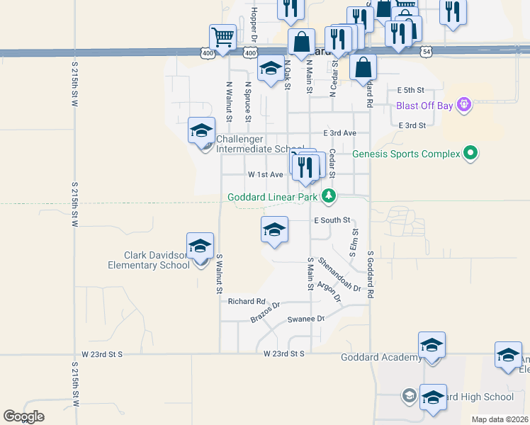 map of restaurants, bars, coffee shops, grocery stores, and more near 210 West South Street in Goddard