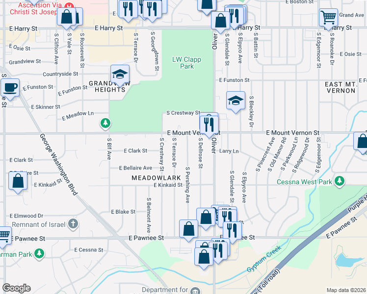 map of restaurants, bars, coffee shops, grocery stores, and more near 2038 S Pershing St in Wichita