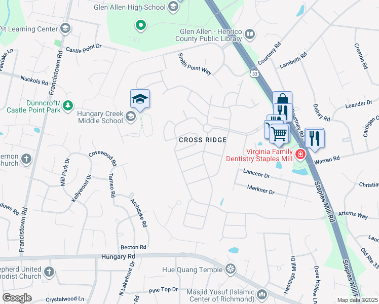 map of restaurants, bars, coffee shops, grocery stores, and more near 845 Fair Port Circle in Glen Allen