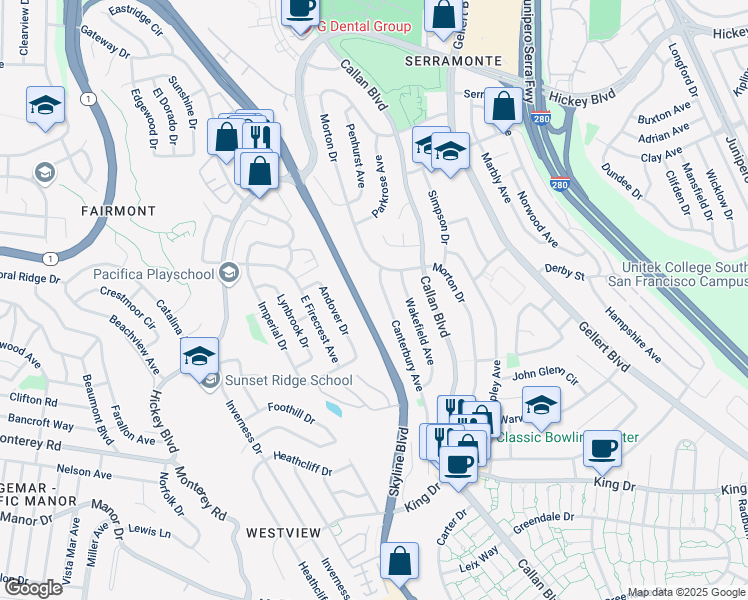 map of restaurants, bars, coffee shops, grocery stores, and more near 34 Canterbury Avenue in Daly City