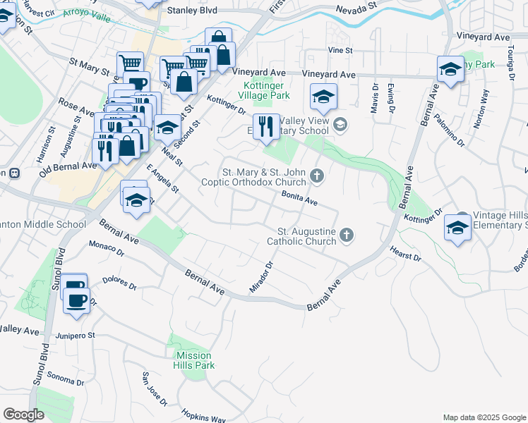 map of restaurants, bars, coffee shops, grocery stores, and more near 4457 Linda Way in Pleasanton