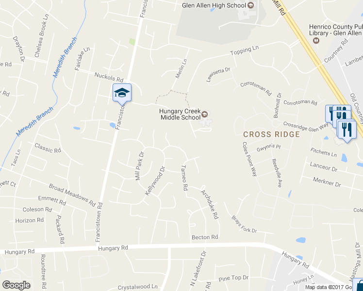 map of restaurants, bars, coffee shops, grocery stores, and more near 9010 Covewood Road in Glen Allen