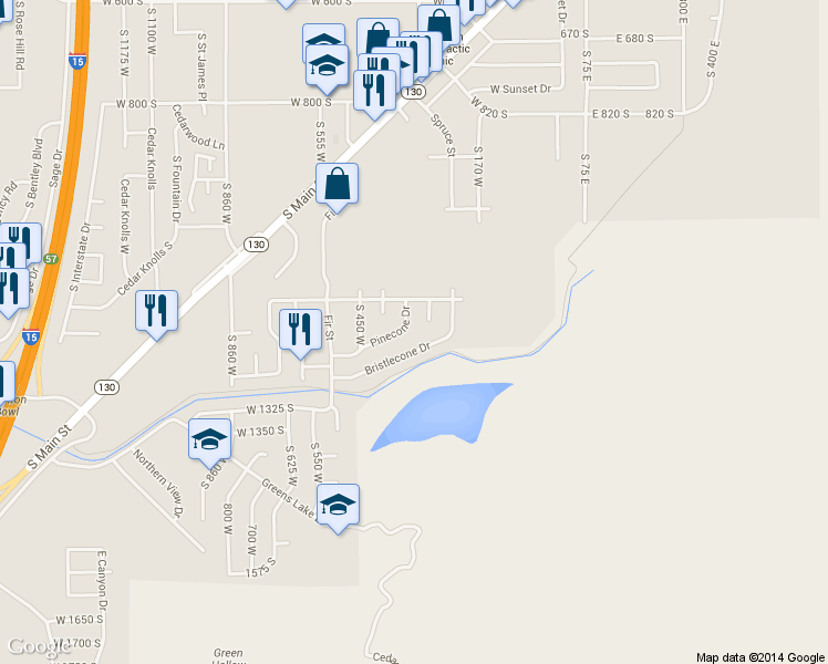 map of restaurants, bars, coffee shops, grocery stores, and more near 326 Bristlecone Drive in Cedar City