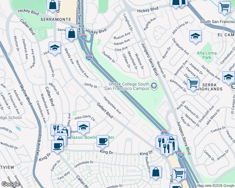 map of restaurants, bars, coffee shops, grocery stores, and more near 353 Barbara Lane in Daly City