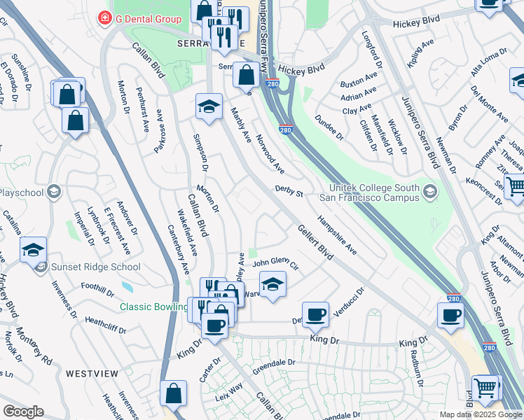 map of restaurants, bars, coffee shops, grocery stores, and more near 21 Lycett Circle in Daly City