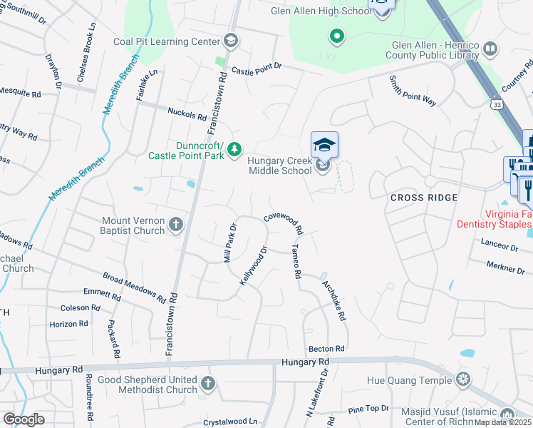 map of restaurants, bars, coffee shops, grocery stores, and more near 9022 Covewood Road in Glen Allen
