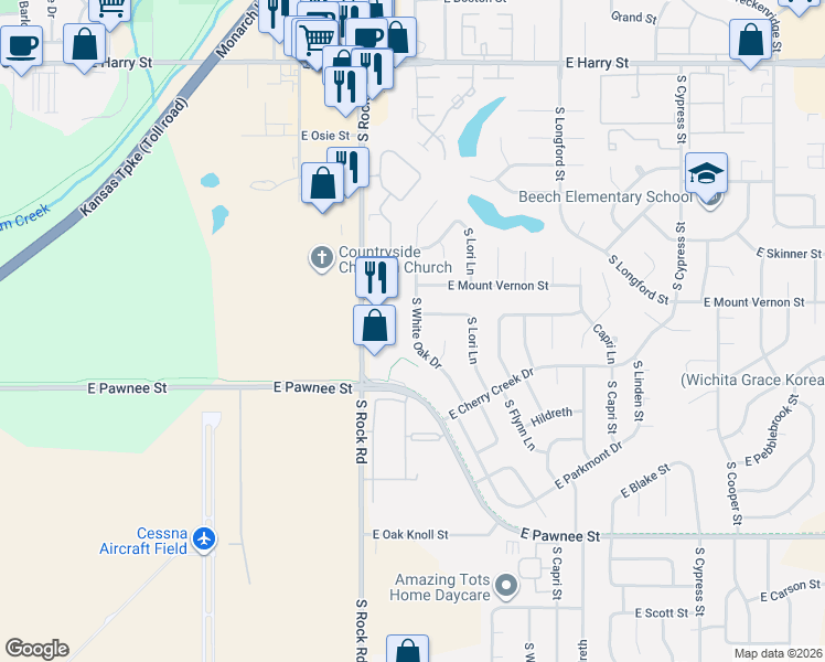 map of restaurants, bars, coffee shops, grocery stores, and more near 2054 South White Oak Drive in Wichita