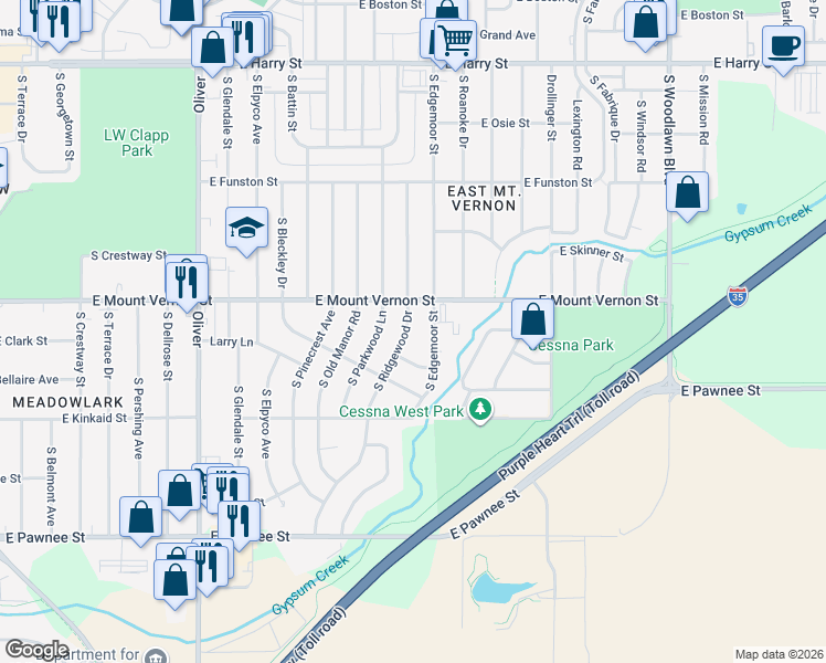 map of restaurants, bars, coffee shops, grocery stores, and more near 2036 South Ridgewood Drive in Wichita