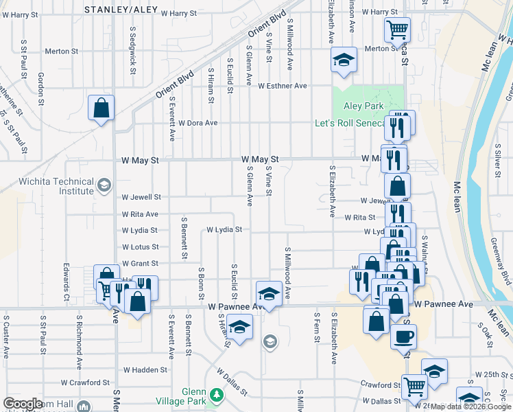 map of restaurants, bars, coffee shops, grocery stores, and more near 2126 South Glenn Avenue in Wichita