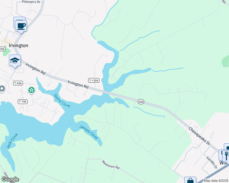 map of restaurants, bars, coffee shops, grocery stores, and more near 5318 Irvington Road in White Stone