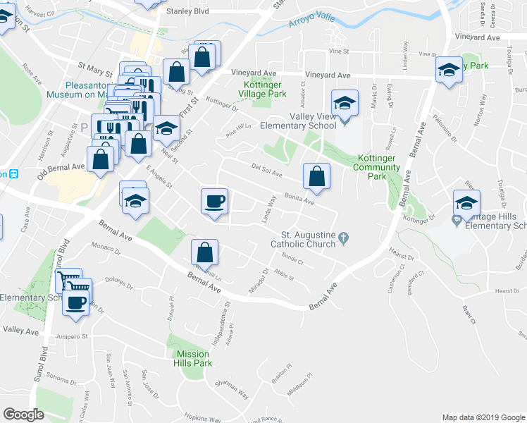 map of restaurants, bars, coffee shops, grocery stores, and more near 4457 Linda Way in Pleasanton